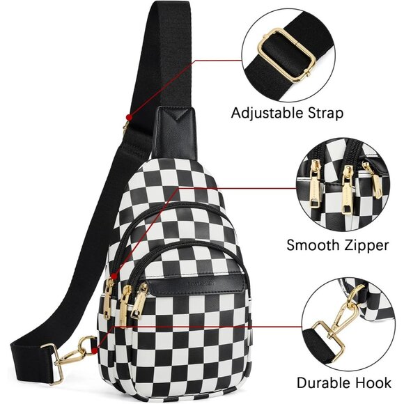 Women Checkered Black Imported PU Leather Small Crossbody Chest Sling Travel Bag - Picture 7 of 8
